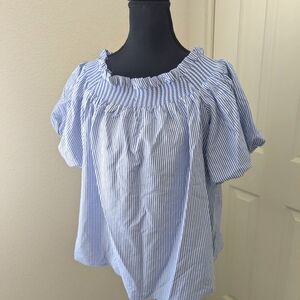 CeCe Blue White Striped Off Shoulder Blouse Smocked Neck Top  Size Medium